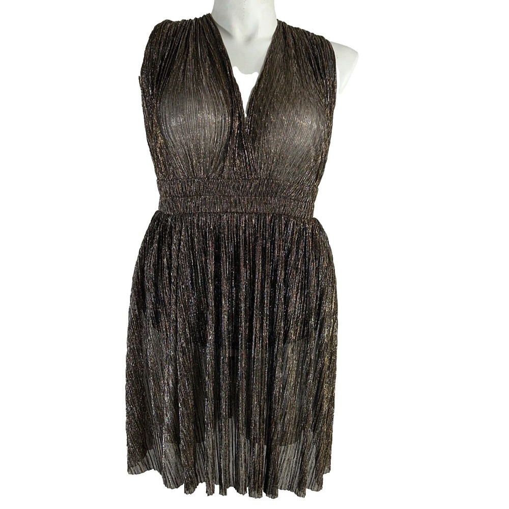 MODA Dress LARGE Black Metallic Texture Deep V Lined Elastic Waist Sexy Party
